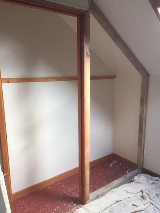 Open up existing cupboard, form shelving and  desk area