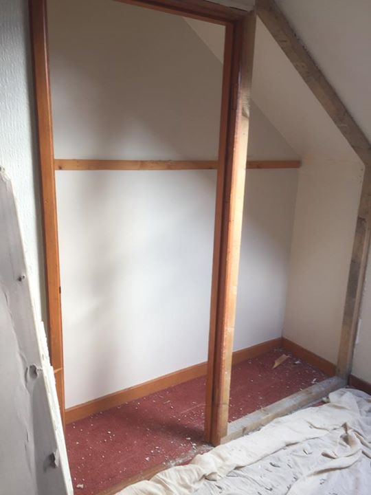 Open up existing cupboard, form shelving and  desk area